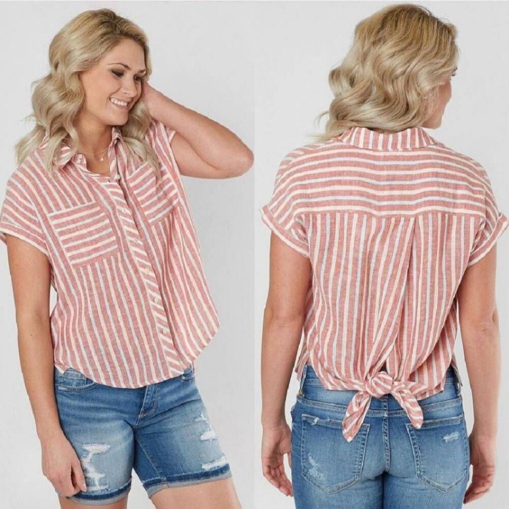Lucky brand 3X linen blend tie open back striped button down blouse preppy nauti